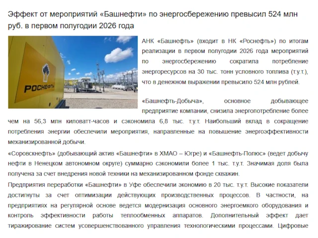 Эффект от мероприятий «Башнефти» по энергосбережению превысил 524 млн руб. в первом полугодии 2026 года